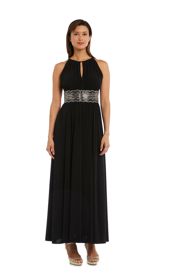 R&m Richards Long Halter Dress With Rhinetone Waistline - Petite