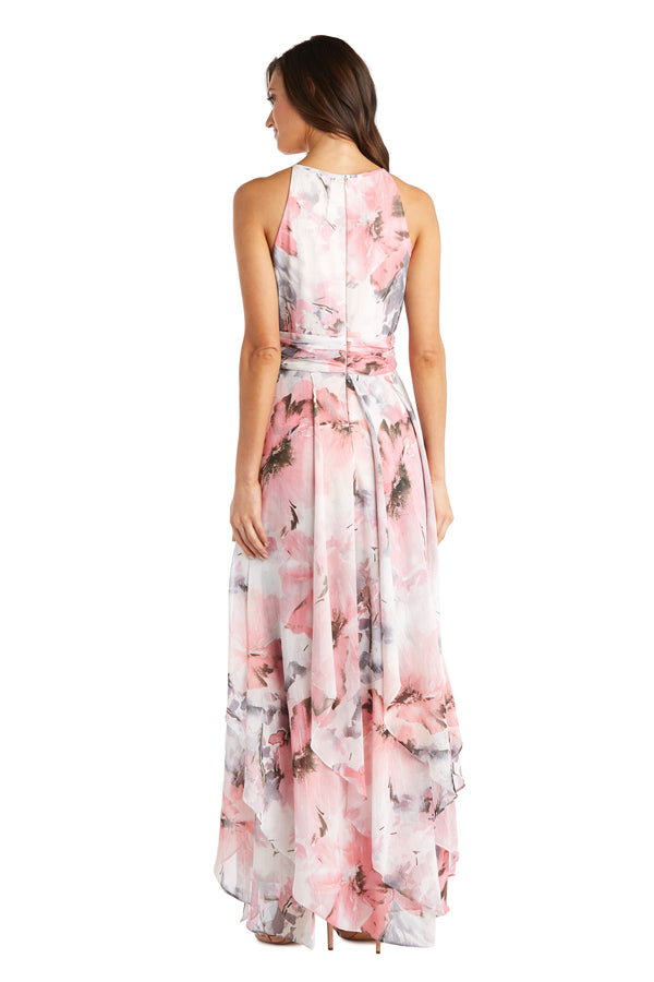 R&m Richards Long Halter Sheer Printed Chiffon Maxi Dress