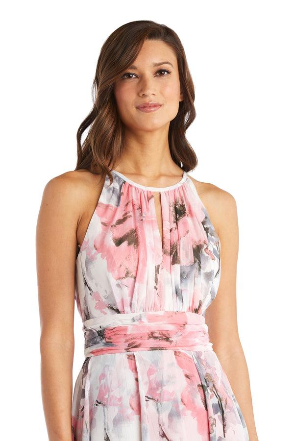 R&m Richards Long Halter Sheer Printed Chiffon Maxi Dress
