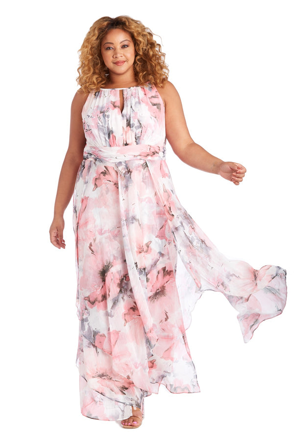 R&m Richards Long Halter Sheer Printed Chiffon Maxi Dress - Plus