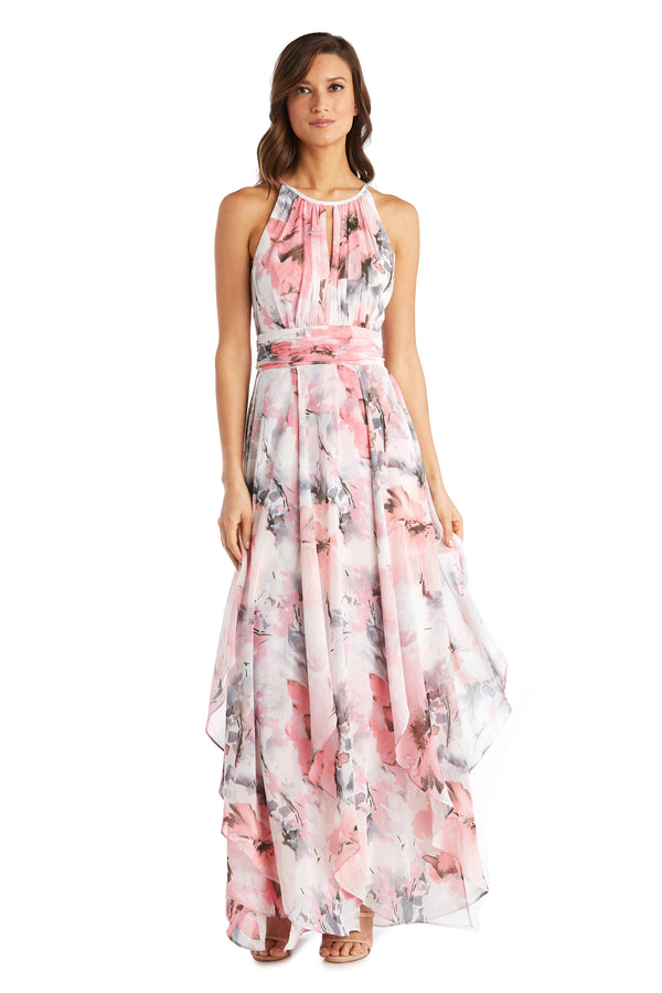 r&m richards Long Halter Sheer Printed Chiffon Maxi Dress