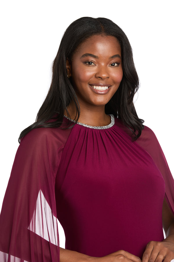 R&m Richards Long Ity Dress With Rhinestone Neck Detailing And Long Back Caplet