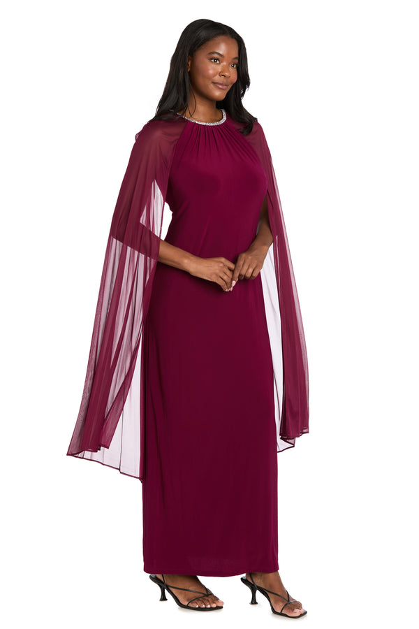 R&m Richards Long Ity Dress With Rhinestone Neck Detailing And Long Back Caplet