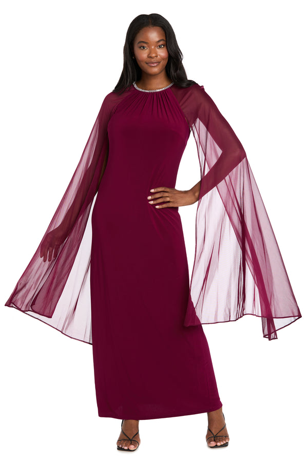 r&m richards Long Ity Dress With Rhinestone Neck Detailing and Long Back Caplet