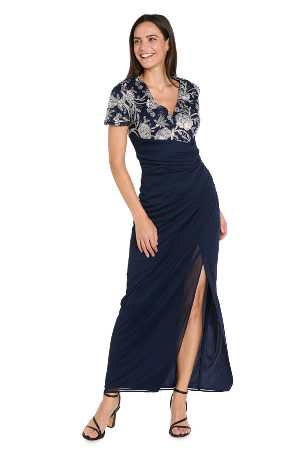 R&m Richards Long Matte Chiffon Dress With Beaded Contrast Floral Bodice - Petite