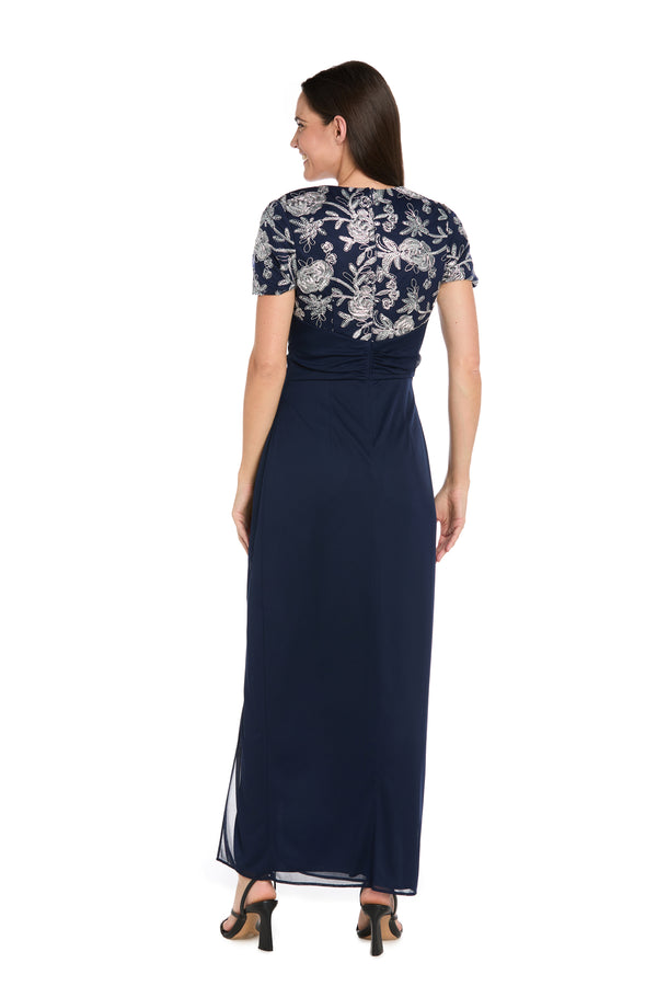 R&m Richards Long Matte Chiffon Dress With Beaded Contrast Floral Bodice