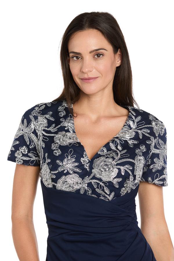 R&m Richards Long Matte Chiffon Dress With Beaded Contrast Floral Bodice