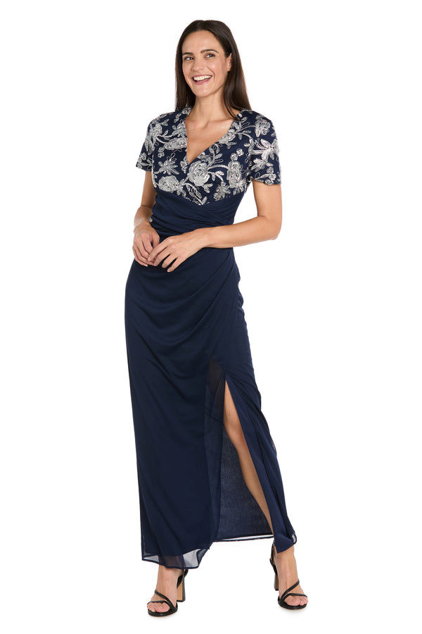 r&m richards Long Matte Chiffon Dress with Beaded Contrast Floral Bodice