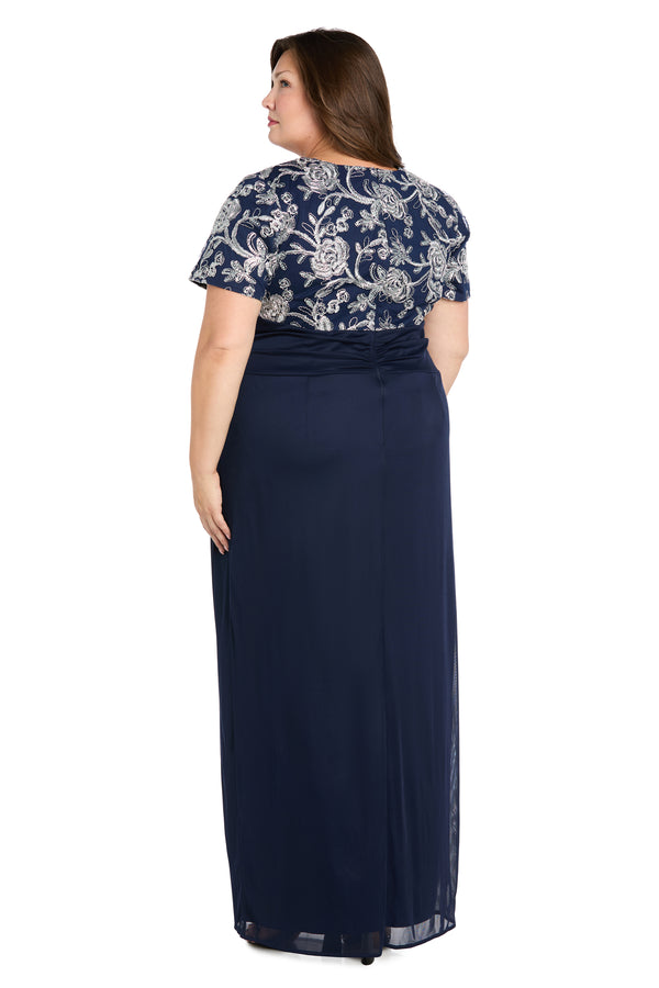 R&m Richards Long Matte Chiffon Dress With Beaded Contrast Floral Bodice - Plus