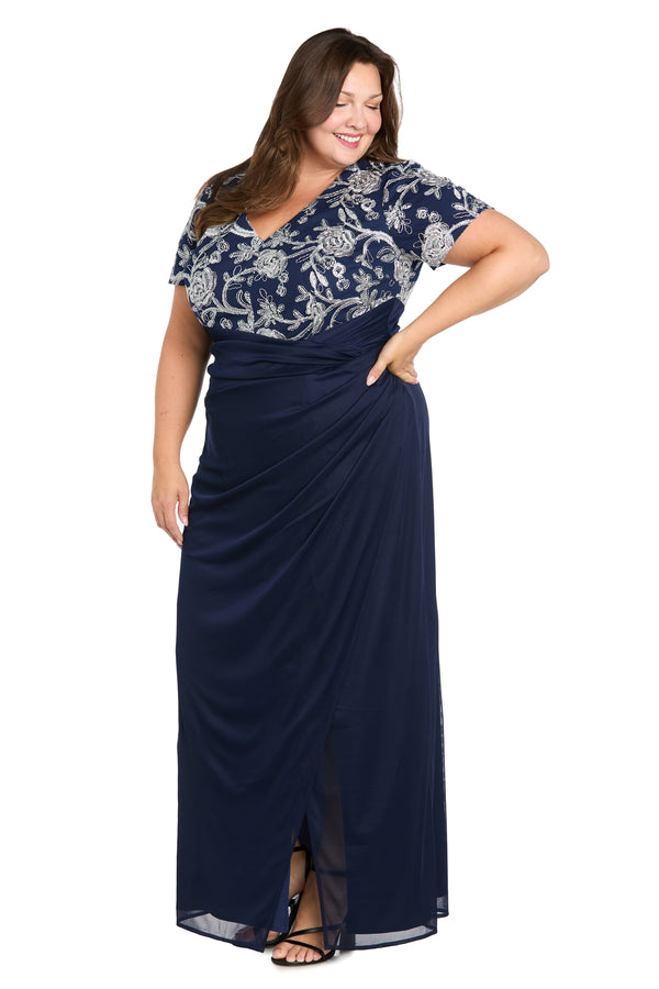 R&m Richards Long Matte Chiffon Dress With Beaded Contrast Floral Bodice - Plus