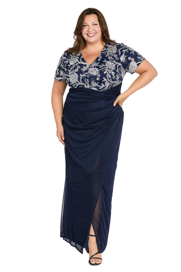 r&m richards Long Matte Chiffon Dress with Beaded Contrast Floral Bodice - Plus