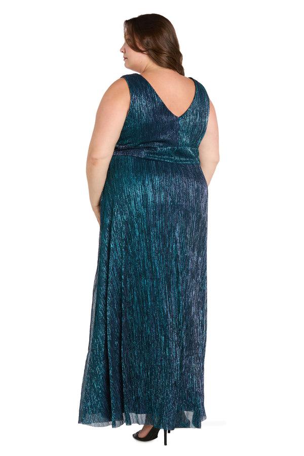 R&m Richards Long Metallic Gown With Double Rhinestone Waist Detailing - Plus