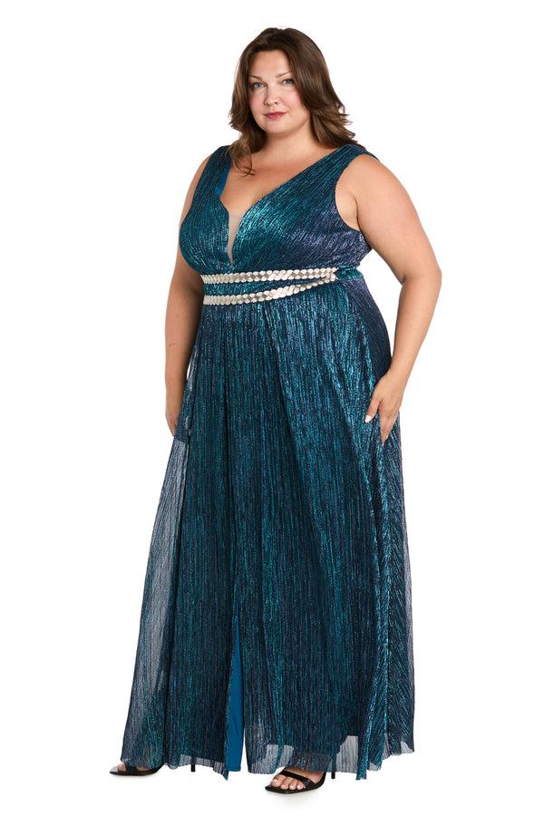 R&m Richards Long Metallic Gown With Double Rhinestone Waist Detailing - Plus