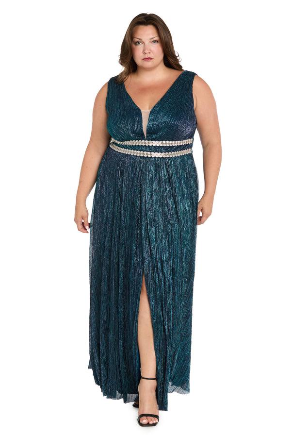r&m richards Long Metallic Gown With Double Rhinestone Waist Detailing - Plus
