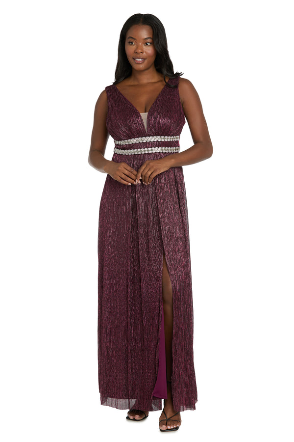 r&m richards Long Metallic Gown With Double Rhinestone Waist Detailing