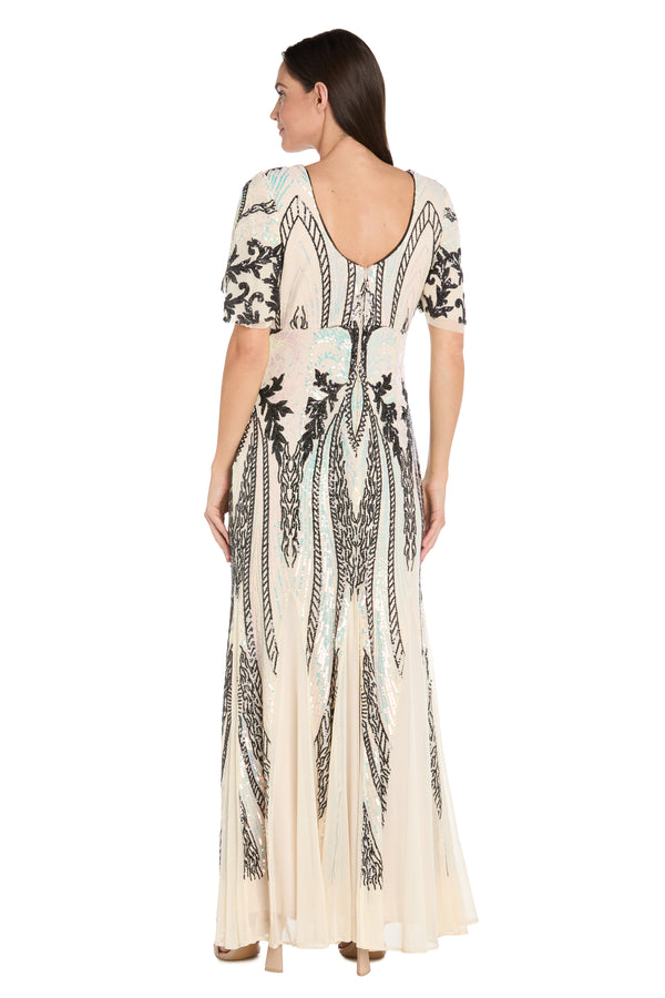 R&m Richards Long Metallic Print Dress With Flutter Sleeves