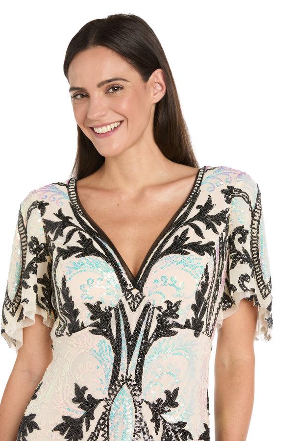 R&m Richards Long Metallic Print Dress With Flutter Sleeves