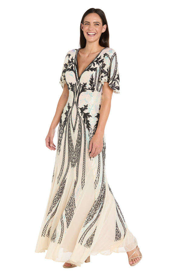 R&m Richards Long Metallic Print Dress With Flutter Sleeves