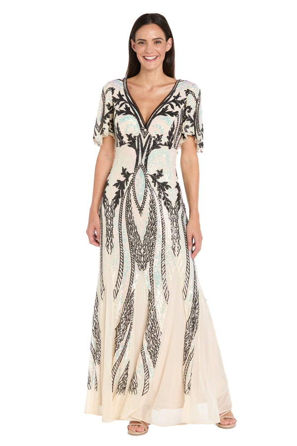 r&m richards Long Metallic Print Dress with Flutter Sleeves