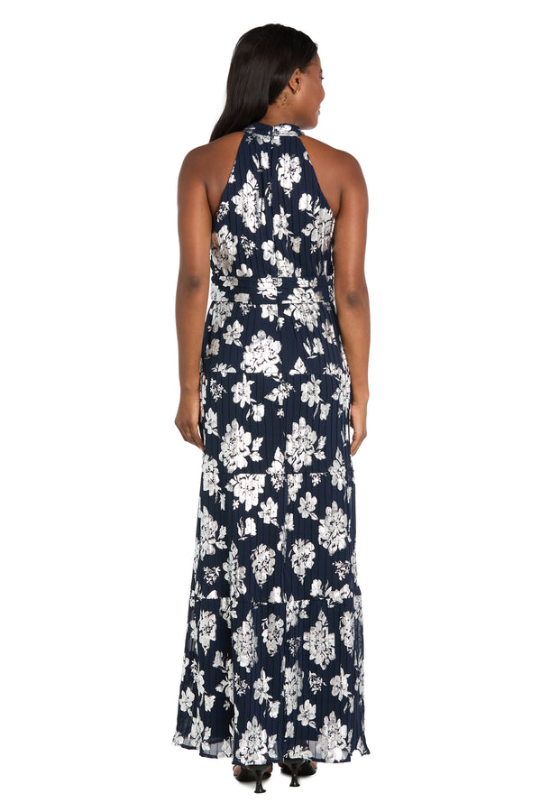 R&m Richards Long Pleated Metallic Jacquard Dress With A Tiered Skirt