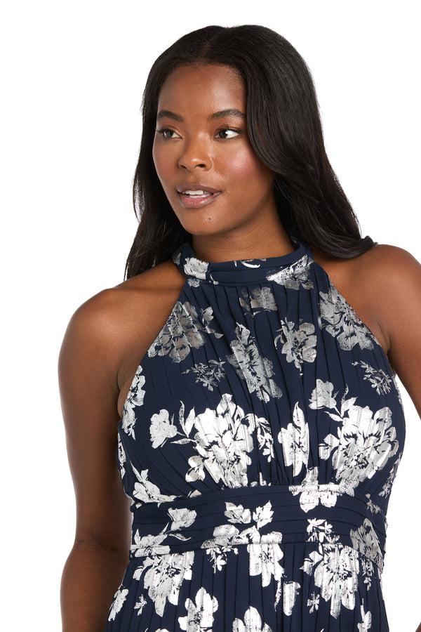 R&m Richards Long Pleated Metallic Jacquard Dress With A Tiered Skirt