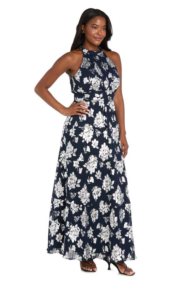 R&m Richards Long Pleated Metallic Jacquard Dress With A Tiered Skirt