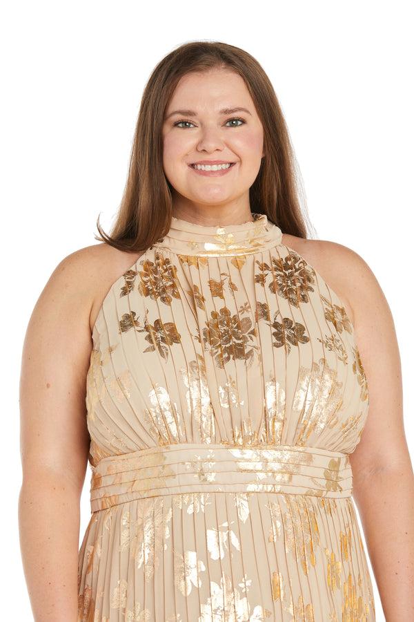 R&m Richards Long Pleated Metallic Jacquard Dress With A Tiered Skirt - Plus