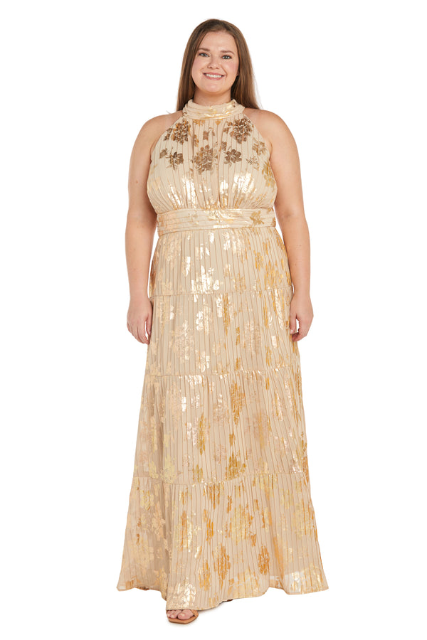 r&m richards Long Pleated Metallic Jacquard Dress with a Tiered Skirt - Plus