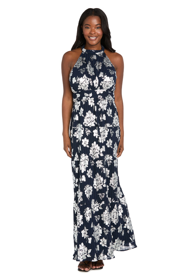 r&m richards Long Pleated Metallic Jacquard Dress with a Tiered Skirt