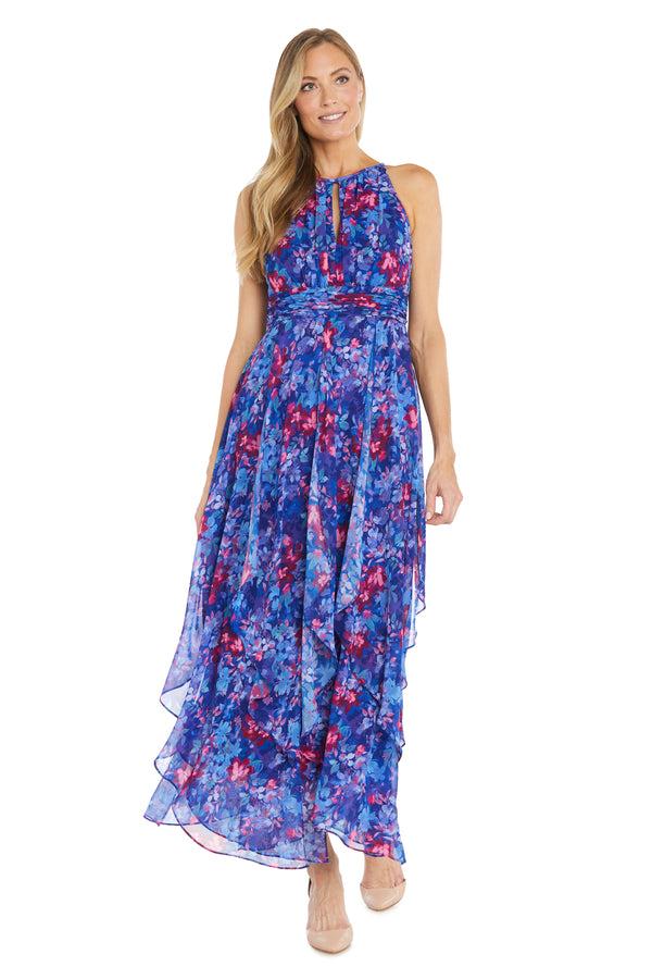 R&m Richards Long Printed Chiffon Dress With A Halter Keyhole