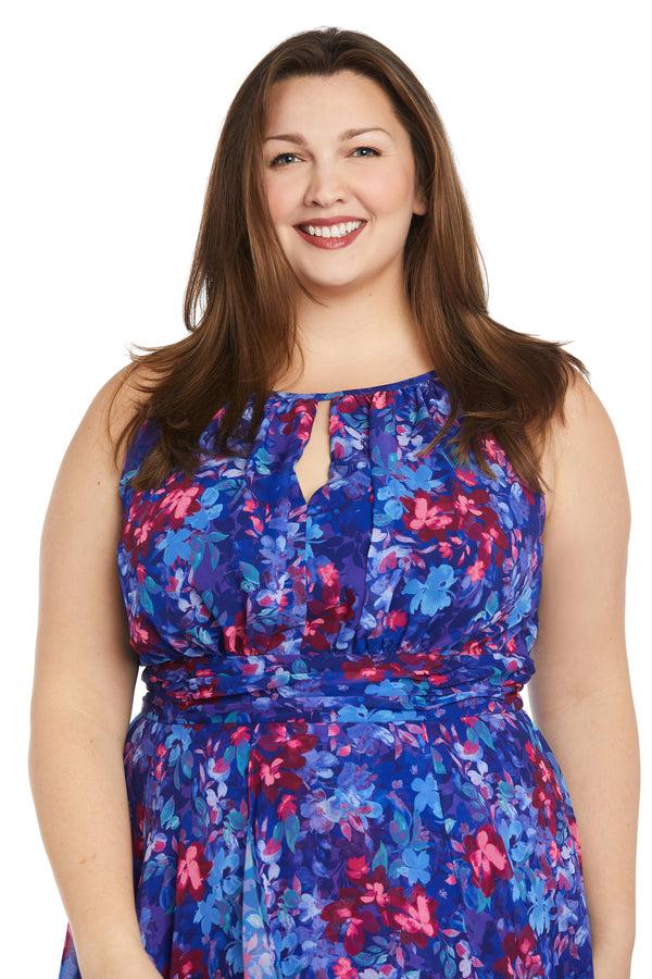 R&m Richards Long Printed Chiffon Dress With A Halter Keyhole - Plus