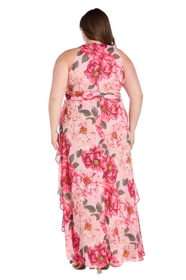 R&m Richards Long Printed Floral Dress With Halter Neckline And Ruffle Skirt - Plus
