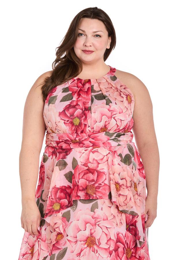 R&m Richards Long Printed Floral Dress With Halter Neckline And Ruffle Skirt - Plus
