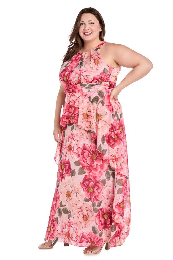 R&m Richards Long Printed Floral Dress With Halter Neckline And Ruffle Skirt - Plus
