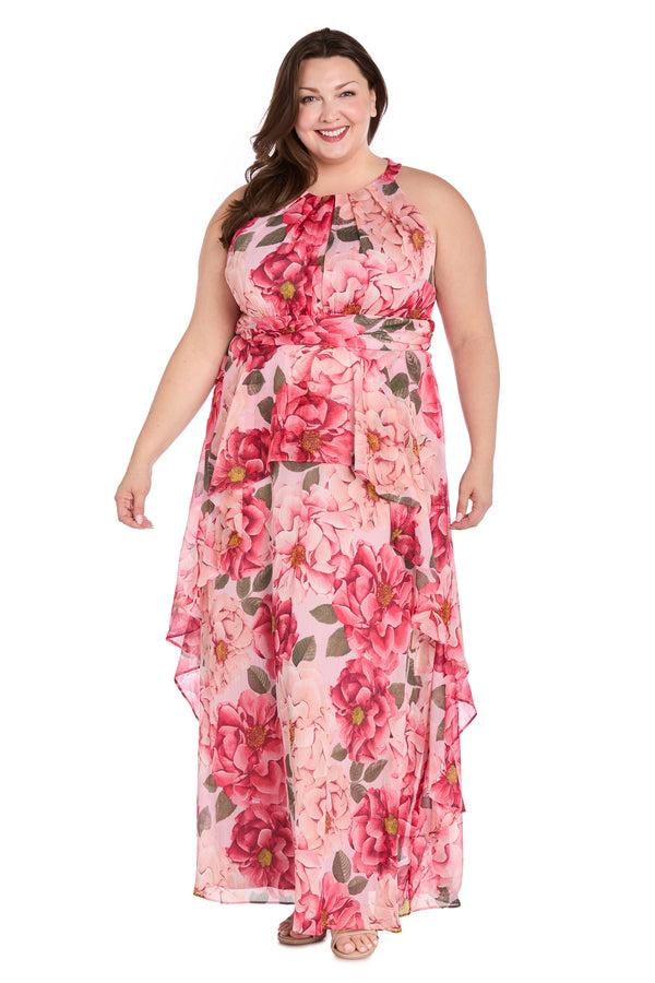 r&m richards Long Printed Floral Dress with Halter Neckline and Ruffle Skirt - Plus