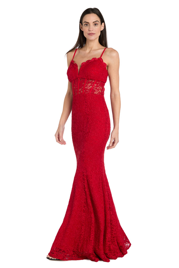 R&m Richards Long Red Lace Dress With Illusion Corset