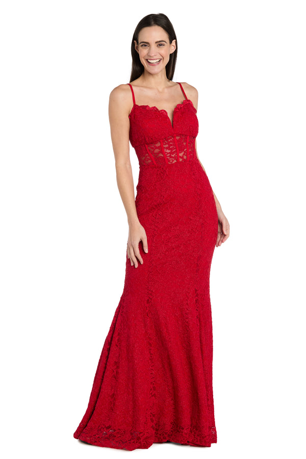r&m richards Long Red Lace Dress with Illusion Corset