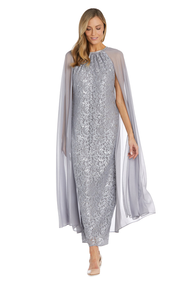 R&m Richards Long Sequin Lace Dress With Chiffon Cape And Rhinestone Neckline