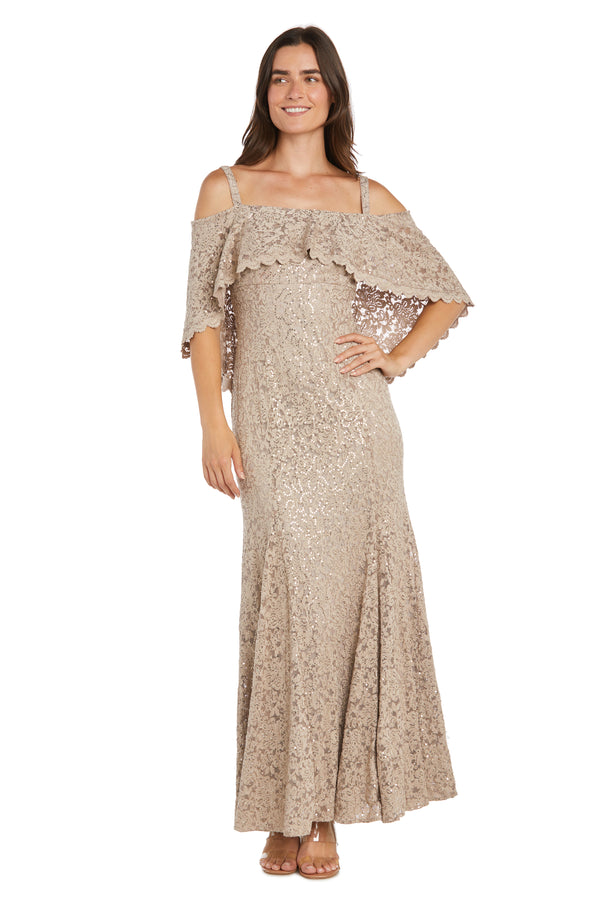 r&m richards Long Sequin Lace Mermaid Dress Featuring an off The Shoulder Caplet