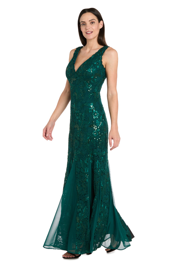 R&m Richards Long Sequined Lace Gown With Godet Skirt Inserts