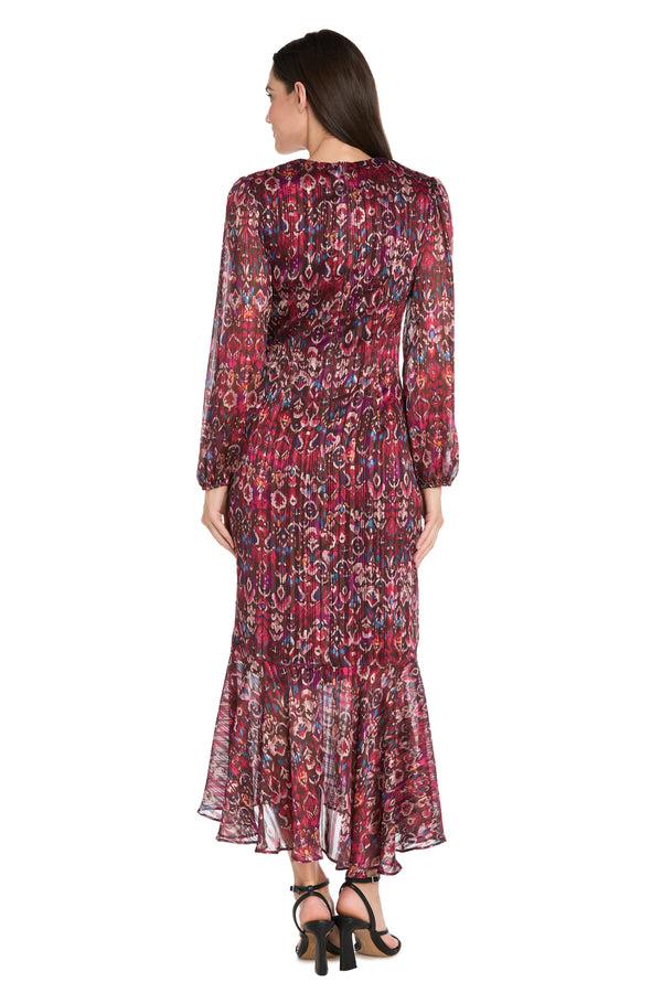 R&m Richards Long Sleeve Printed Metallic Satin Chiffon Dress - Petite
