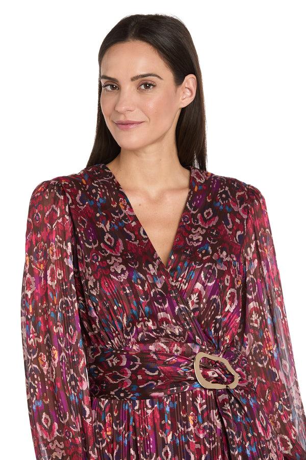 R&m Richards Long Sleeve Printed Metallic Satin Chiffon Dress - Petite