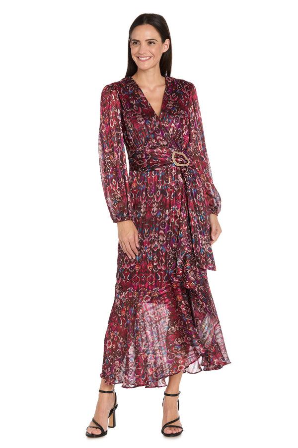 R&m Richards Long Sleeve Printed Metallic Satin Chiffon Dress - Petite