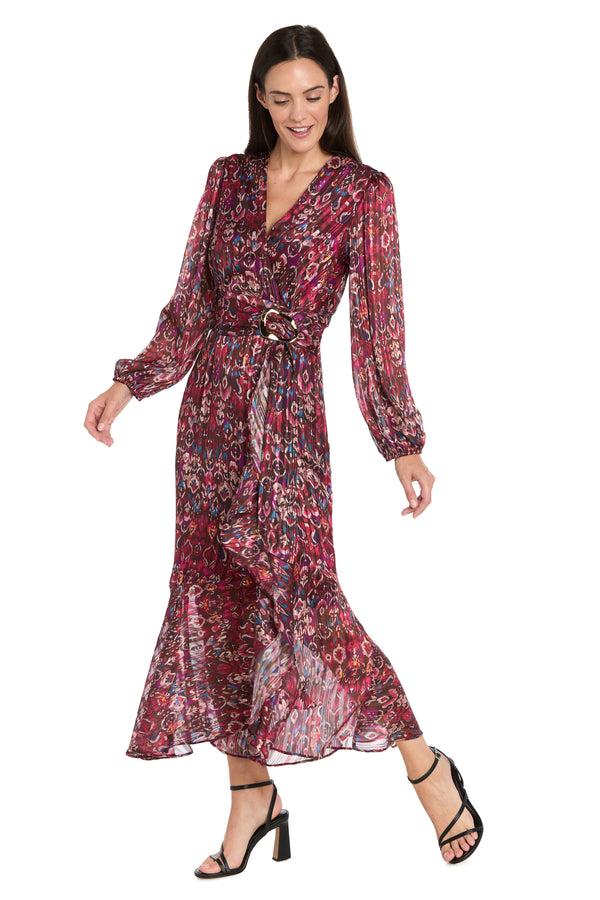 r&m richards Long Sleeve Printed Metallic Satin Chiffon Dress - Petite