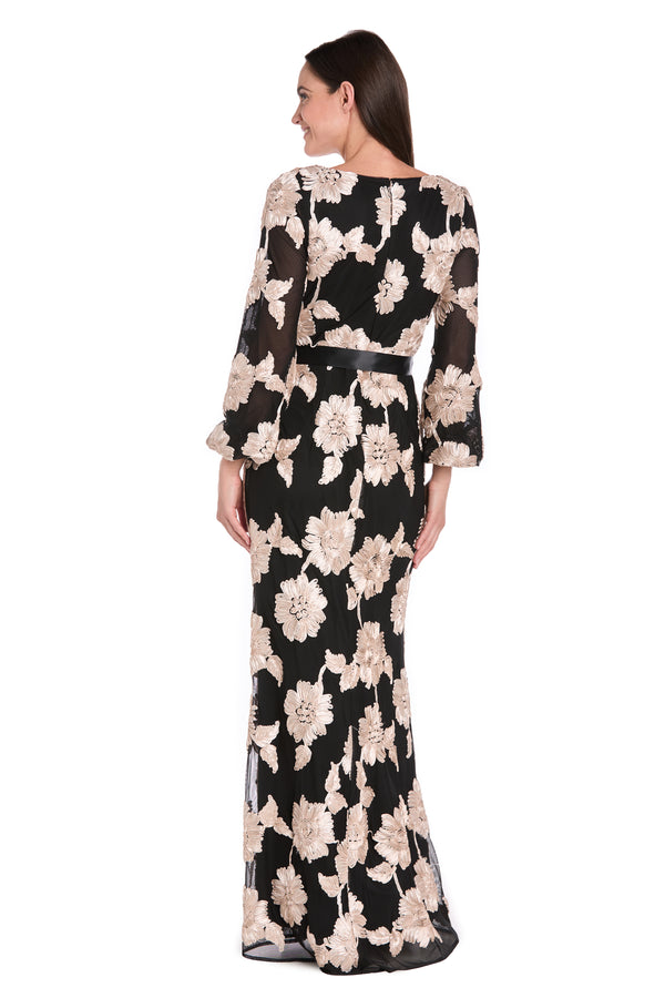 R&m Richards Long Stretch Mesh Dress With Contrast Soutache And Satin Sash - Petite