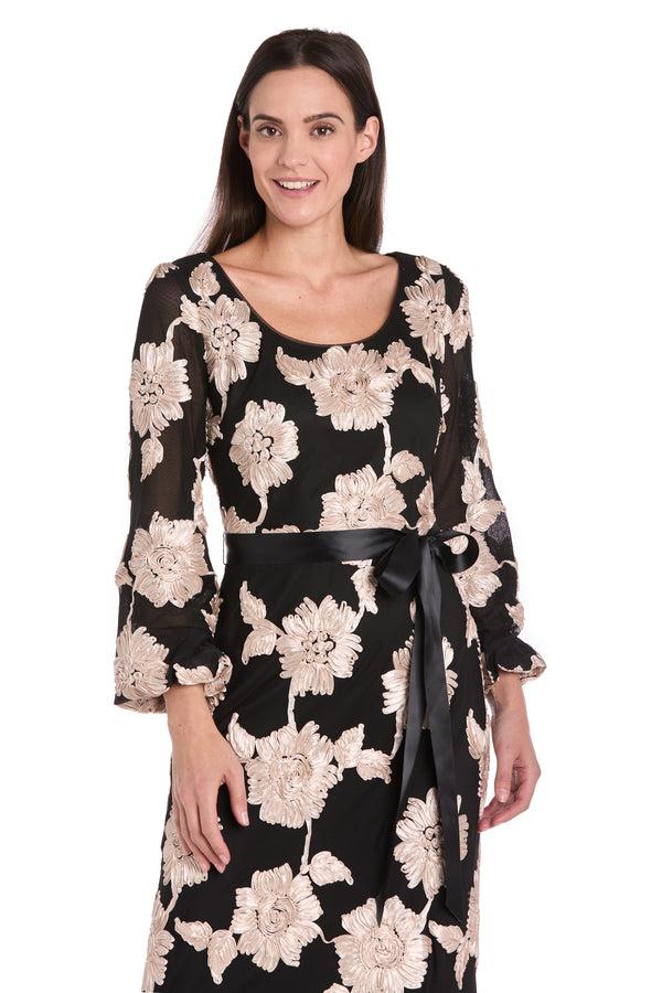 R&m Richards Long Stretch Mesh Dress With Contrast Soutache And Satin Sash - Petite