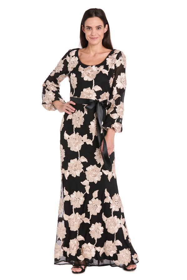 R&m Richards Long Stretch Mesh Dress With Contrast Soutache And Satin Sash - Petite