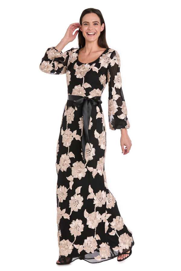 r&m richards Long Stretch Mesh Dress with Contrast Soutache and Satin Sash - Petite