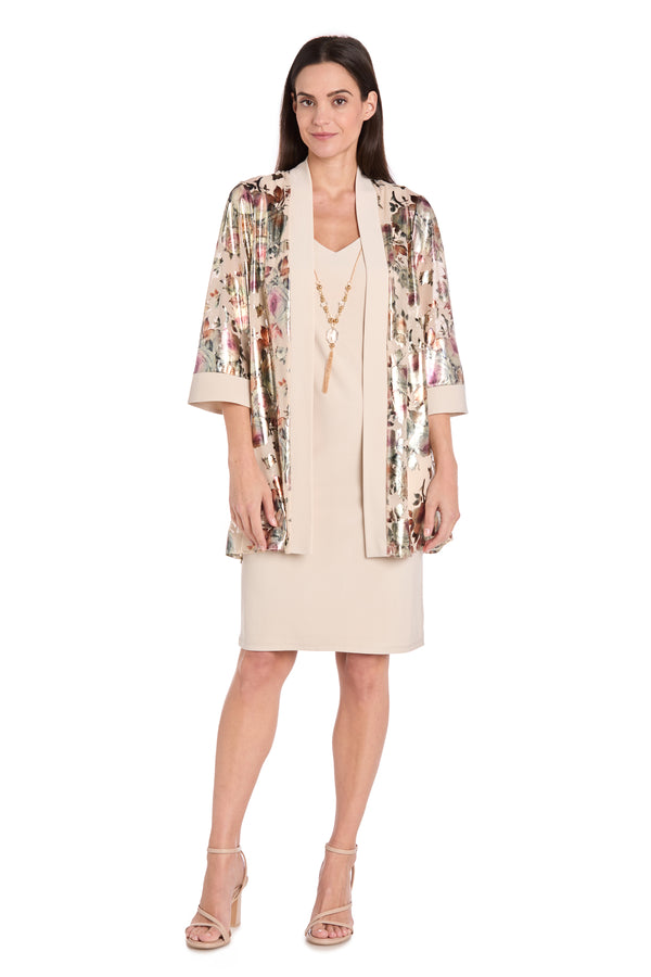 r&m richards Luna Foil Print Jacket Dress Set with Necklace