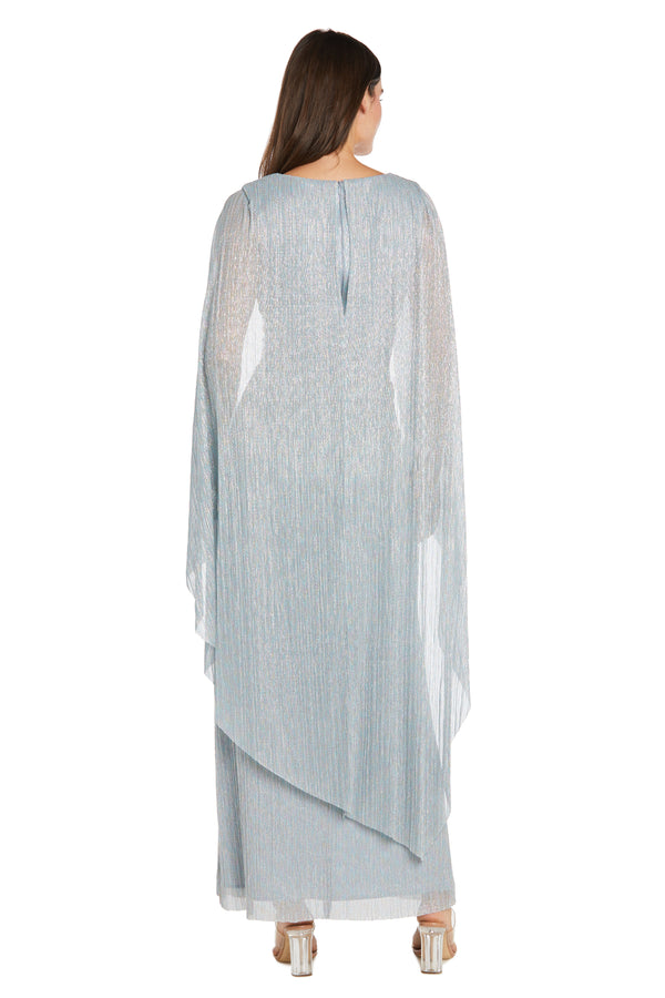 R&m Richards Metallic Chiffon Long Dress With Sheer Cape And Silver Pendant Waist Detail